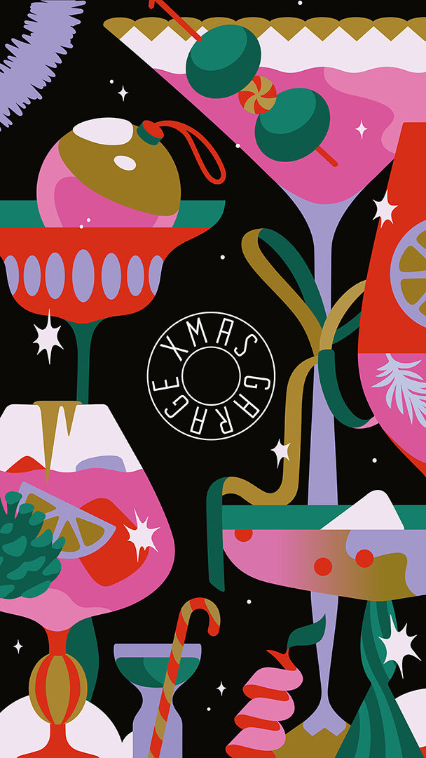 Colorful cocktail-themed design with 'Xmas Garage' logo on a black background