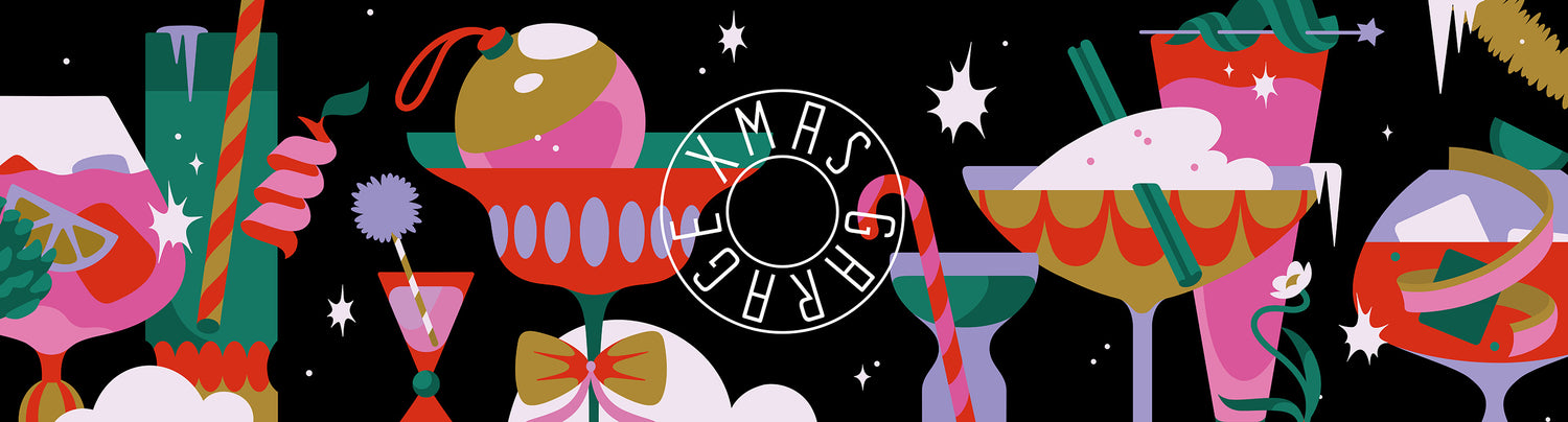 Colorful illustration of cocktails and festive elements on a black background. Design by Janine Rewell. Xmas Garage 2025 visual look.
