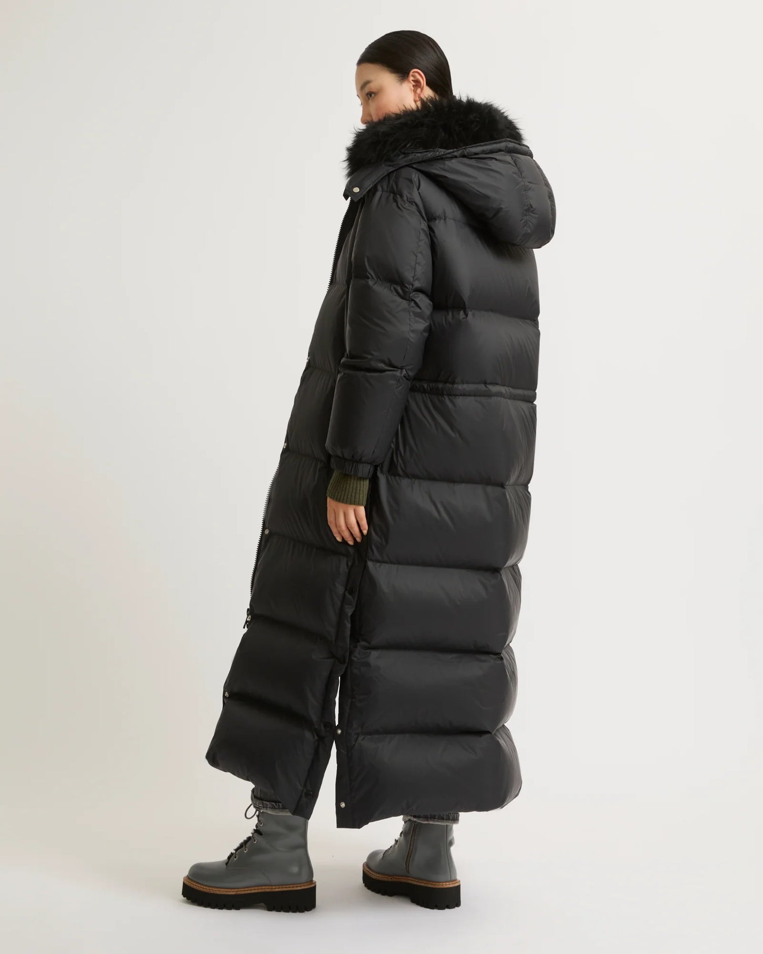 Extra-long down jacket with hood, black