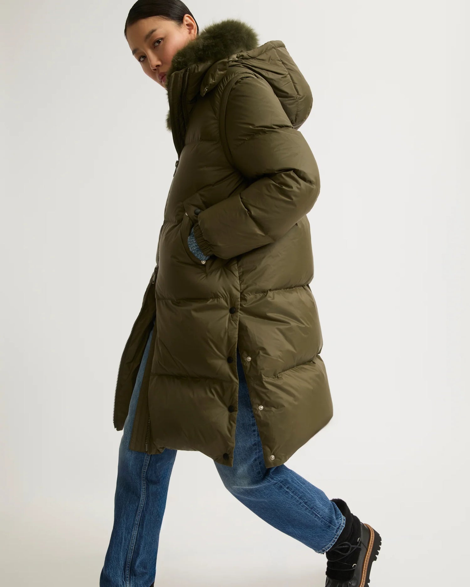 Long down coat technigal fabric, hunter green