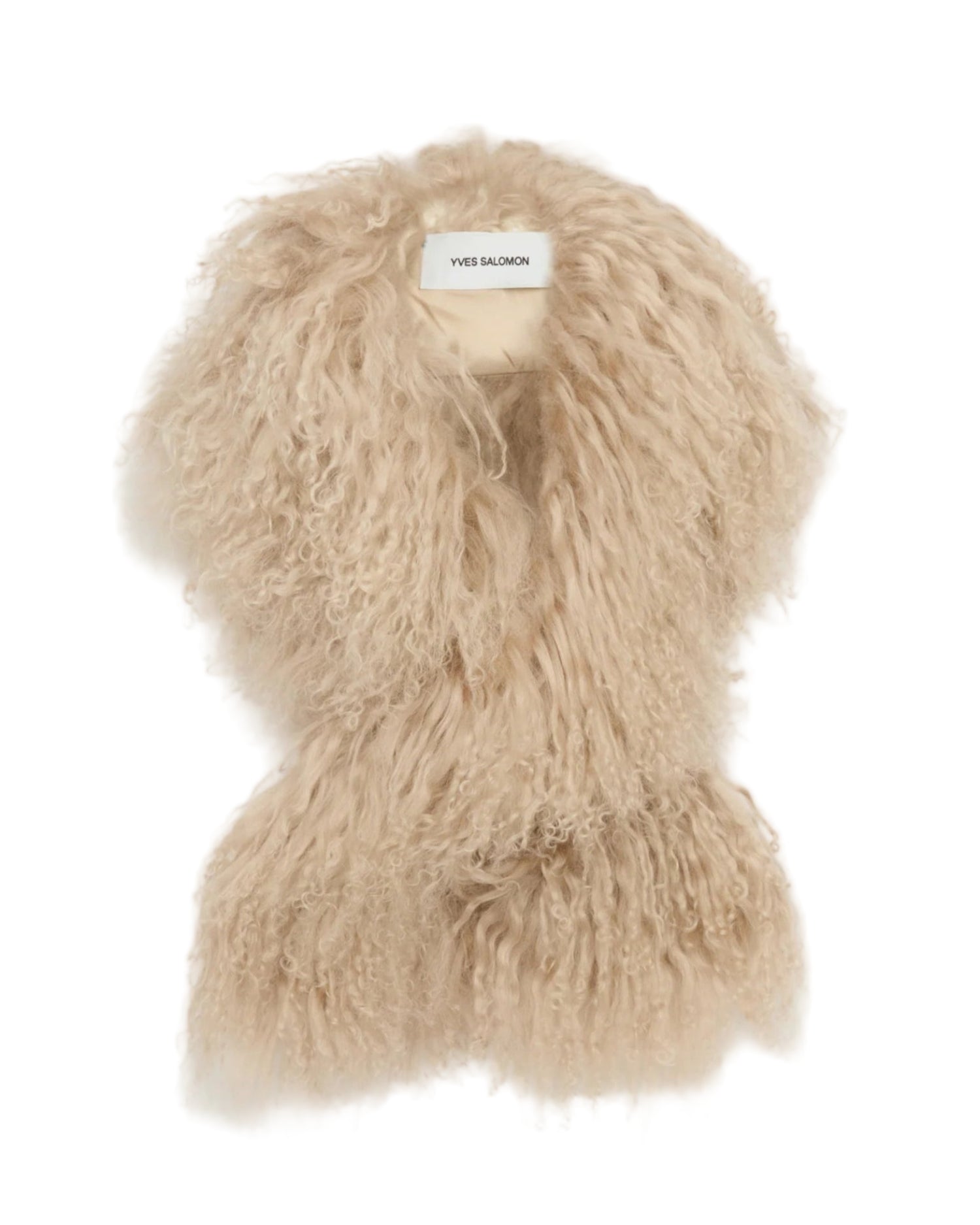 Beige fluffy scarf with a brand label on a white background