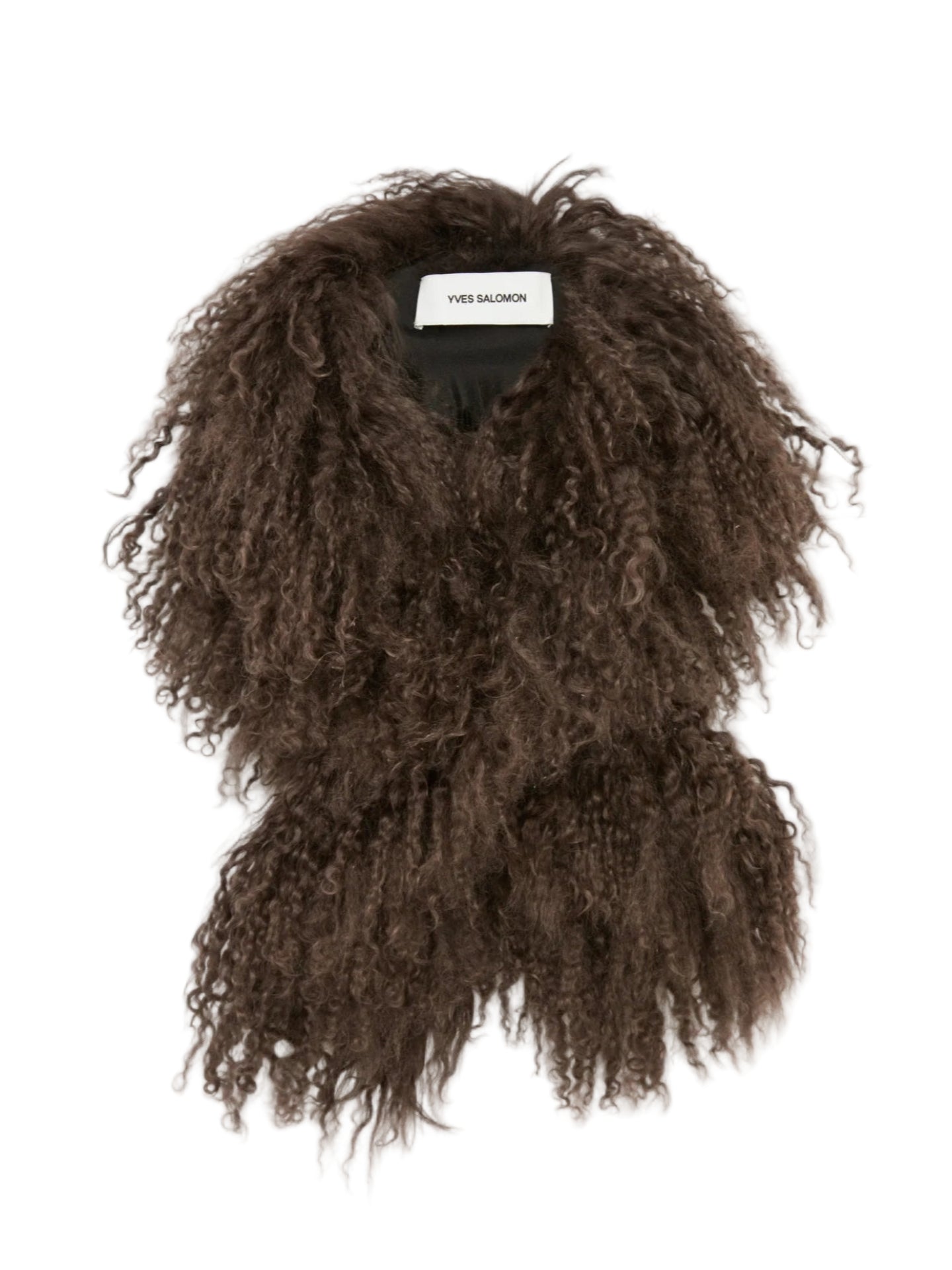 Brown long-hair lambwool scarf on a white background with a label
