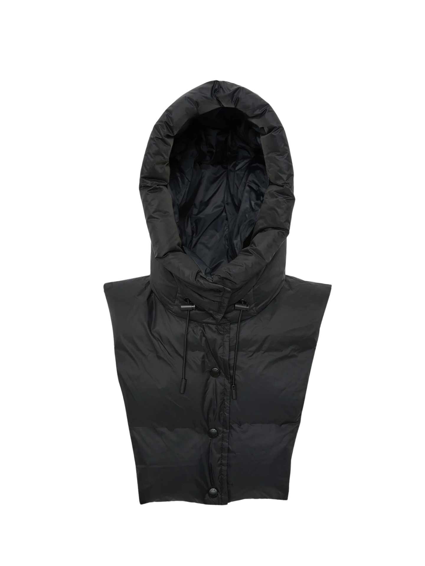 Black hooded puffer vest on a white background