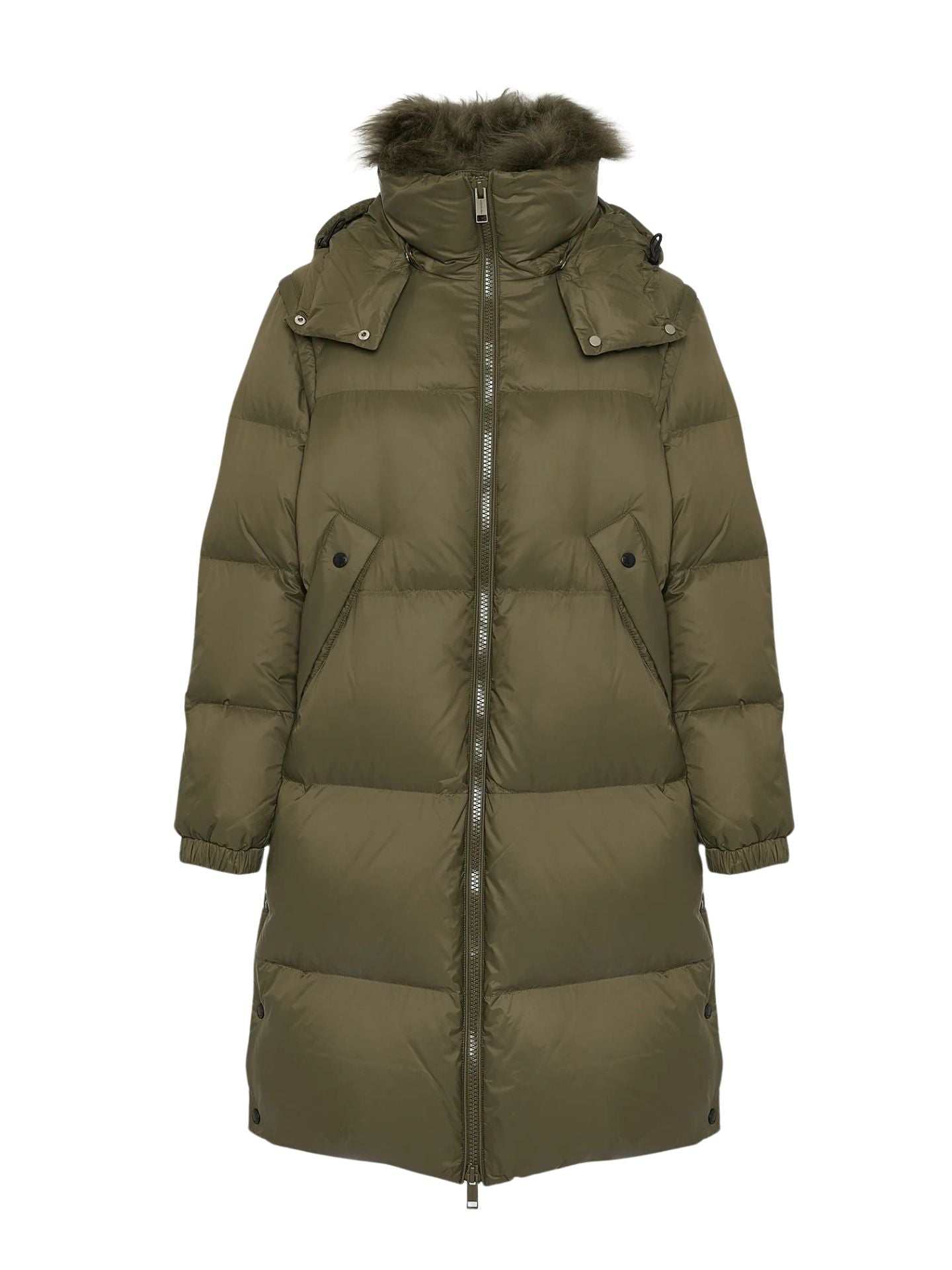 Green puffer coat with fur hood on a white background