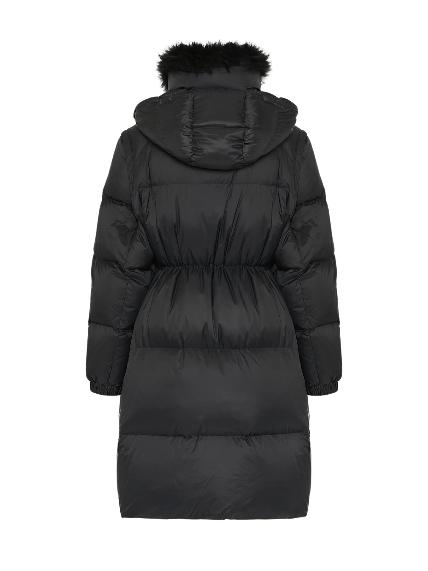 Black puffer coat with fur hood on a white background