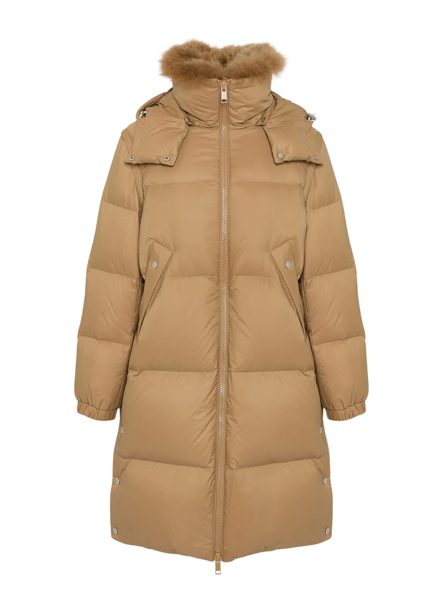 Beige puffer coat with fur hood on a white background