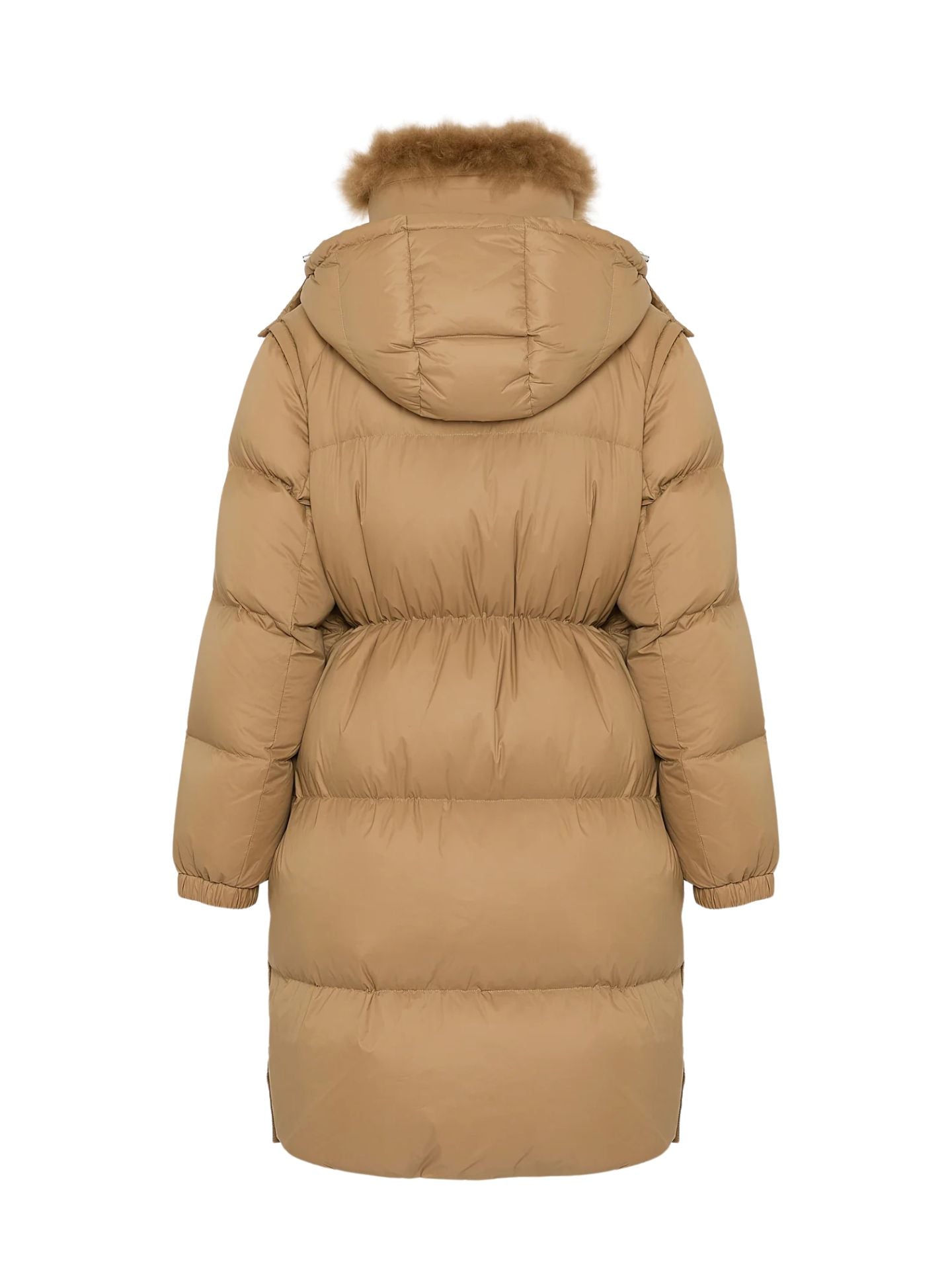 Beige puffer coat with fur hood on a white background