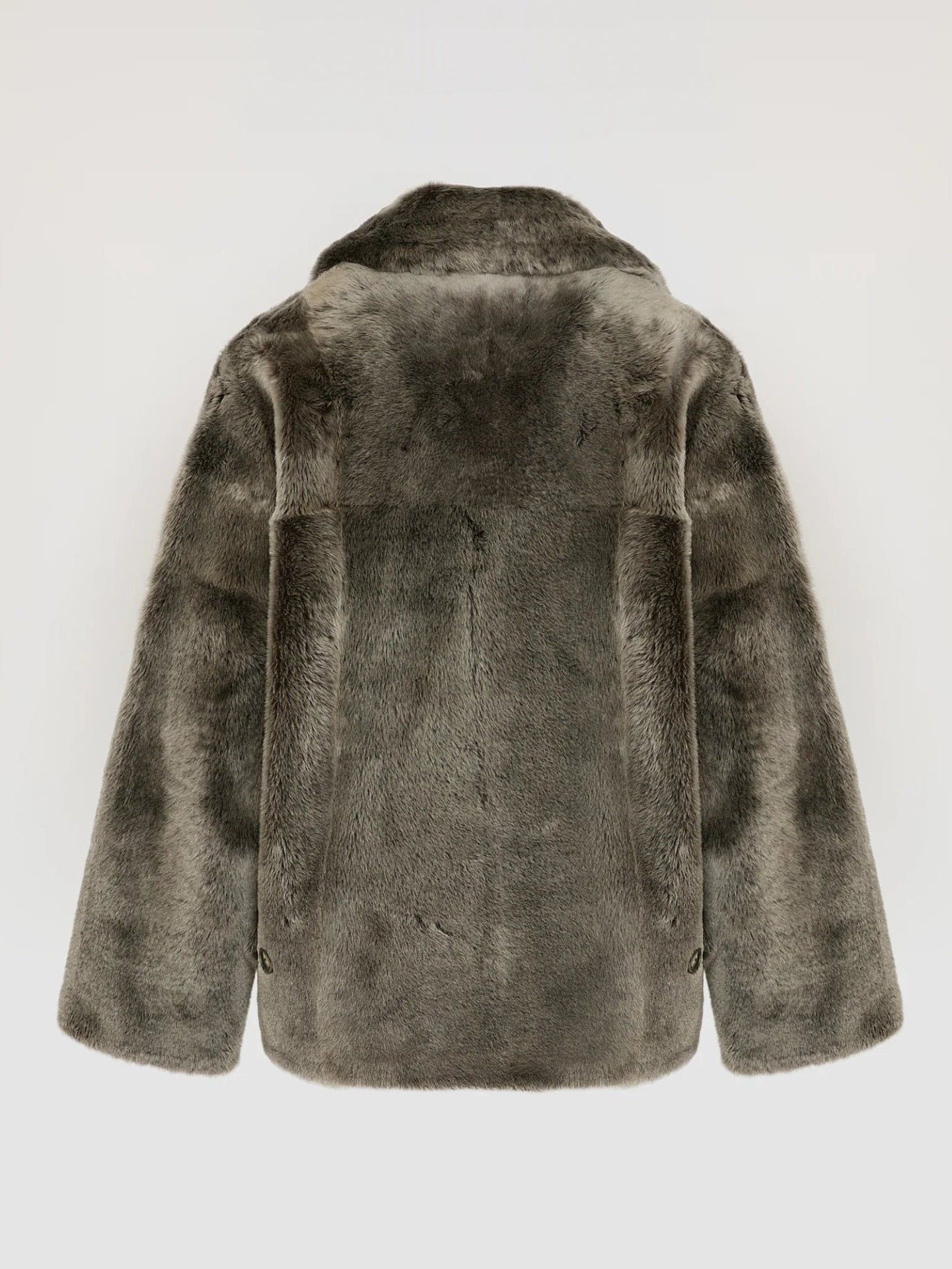 Grey shearling pea jacket on a light gray background