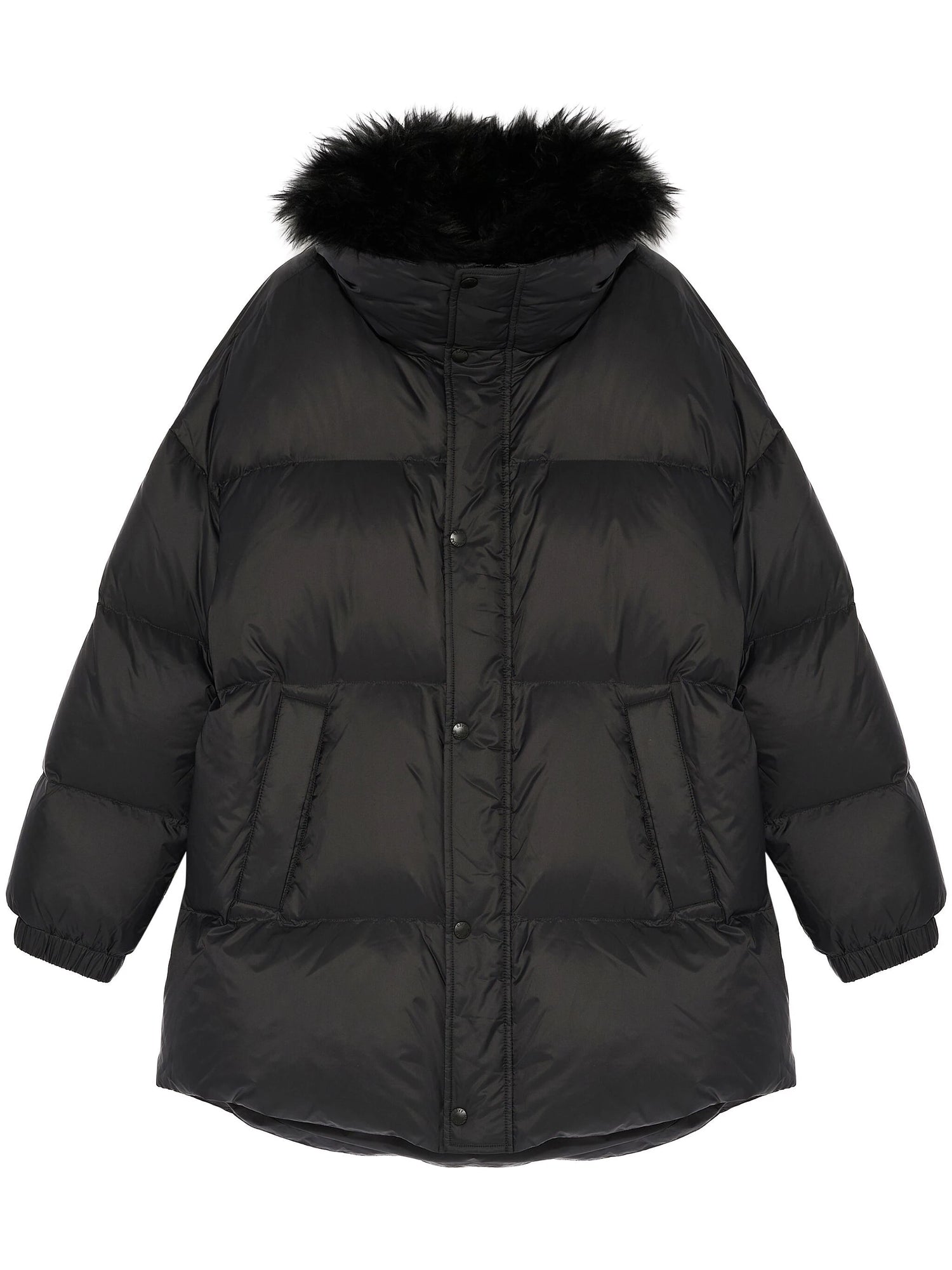 Stand collar down jacket with fluffy lambswool trim, black