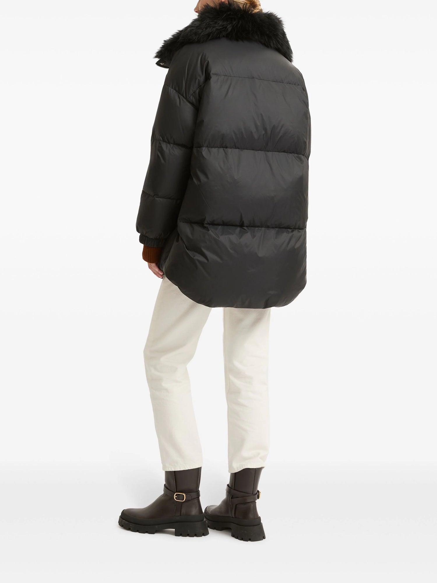 Stand collar down jacket with fluffy lambswool trim, black