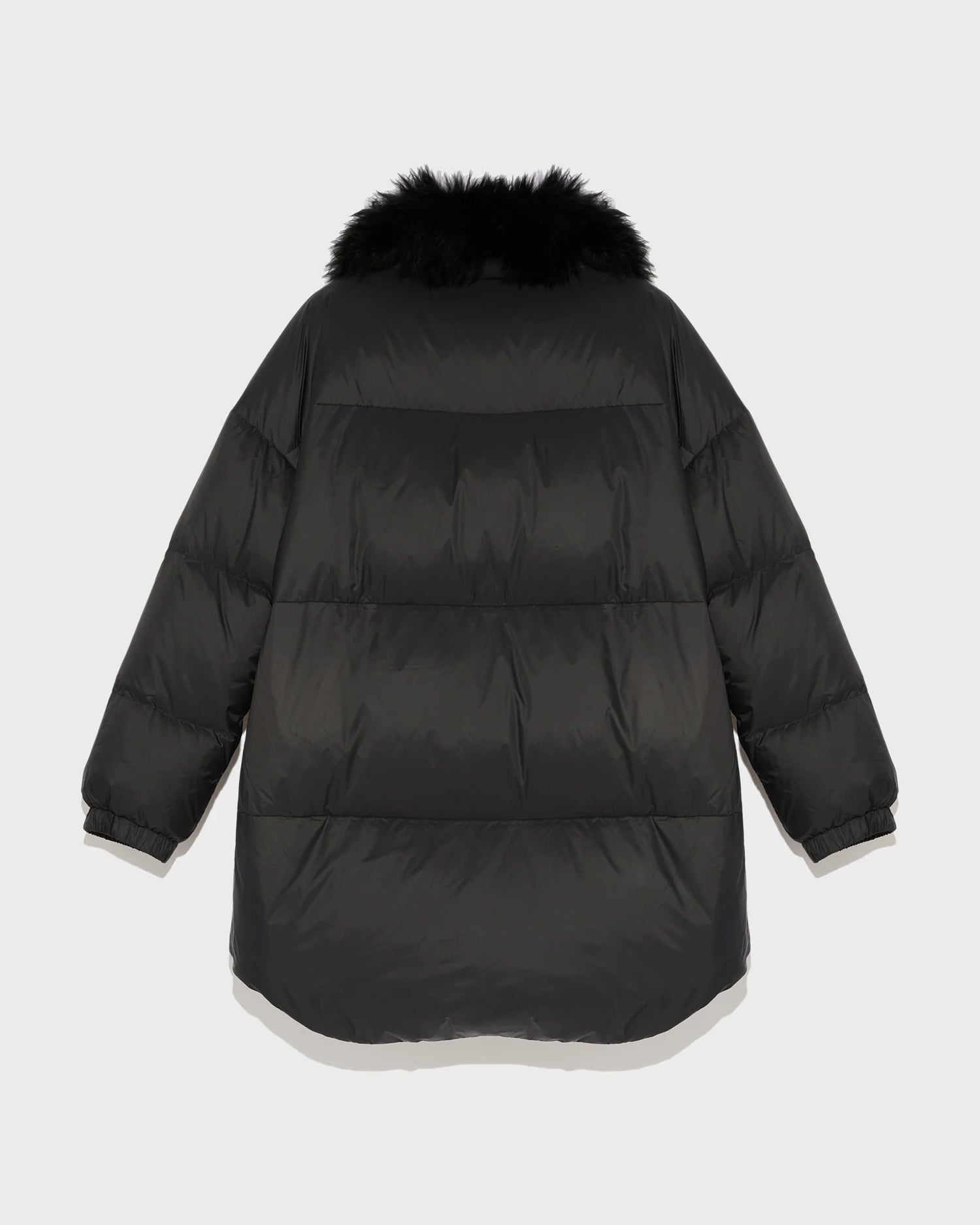 Stand collar down jacket with fluffy lambswool trim, black