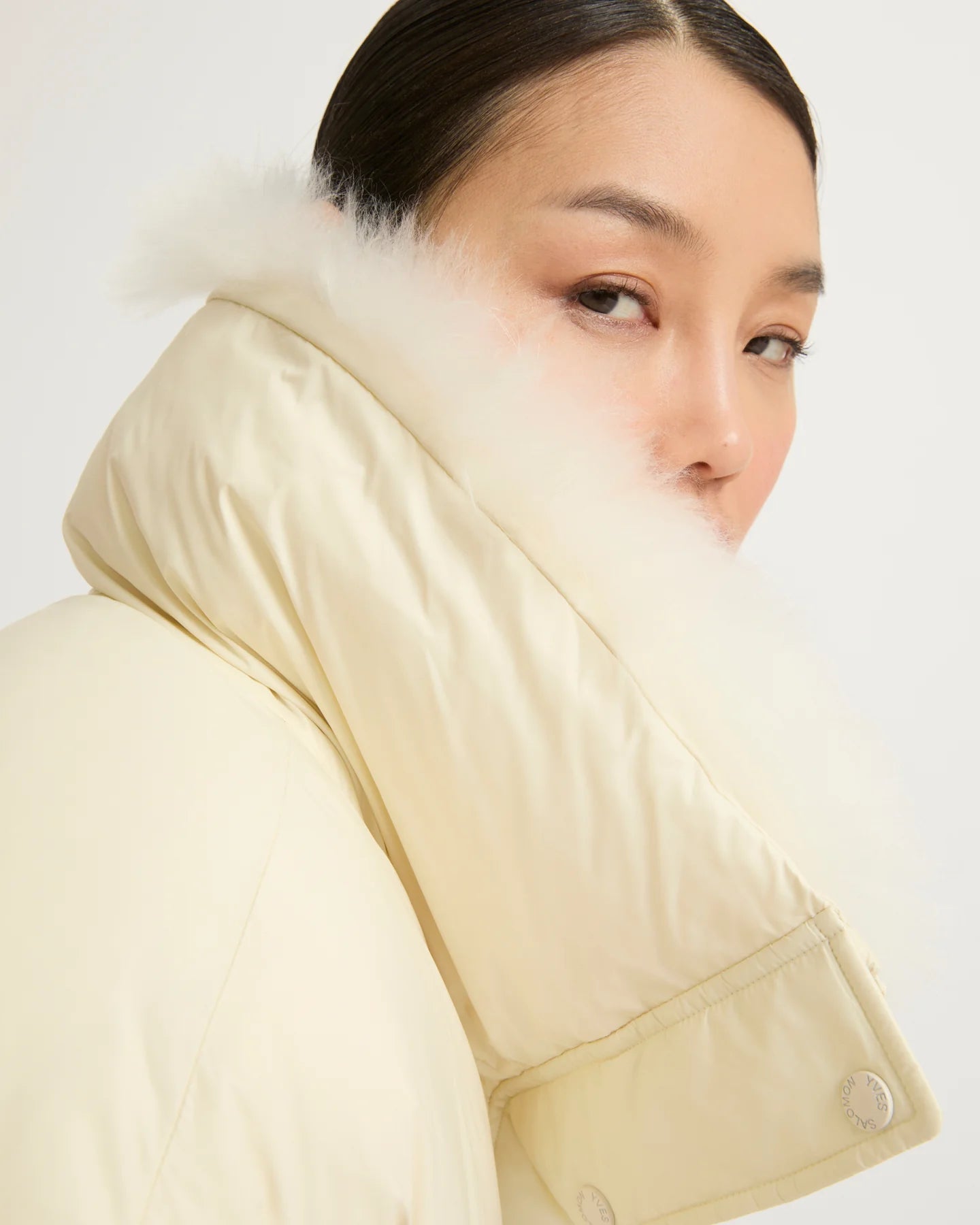 Stand collar down jacket with fluffy lambswool trim, meringue