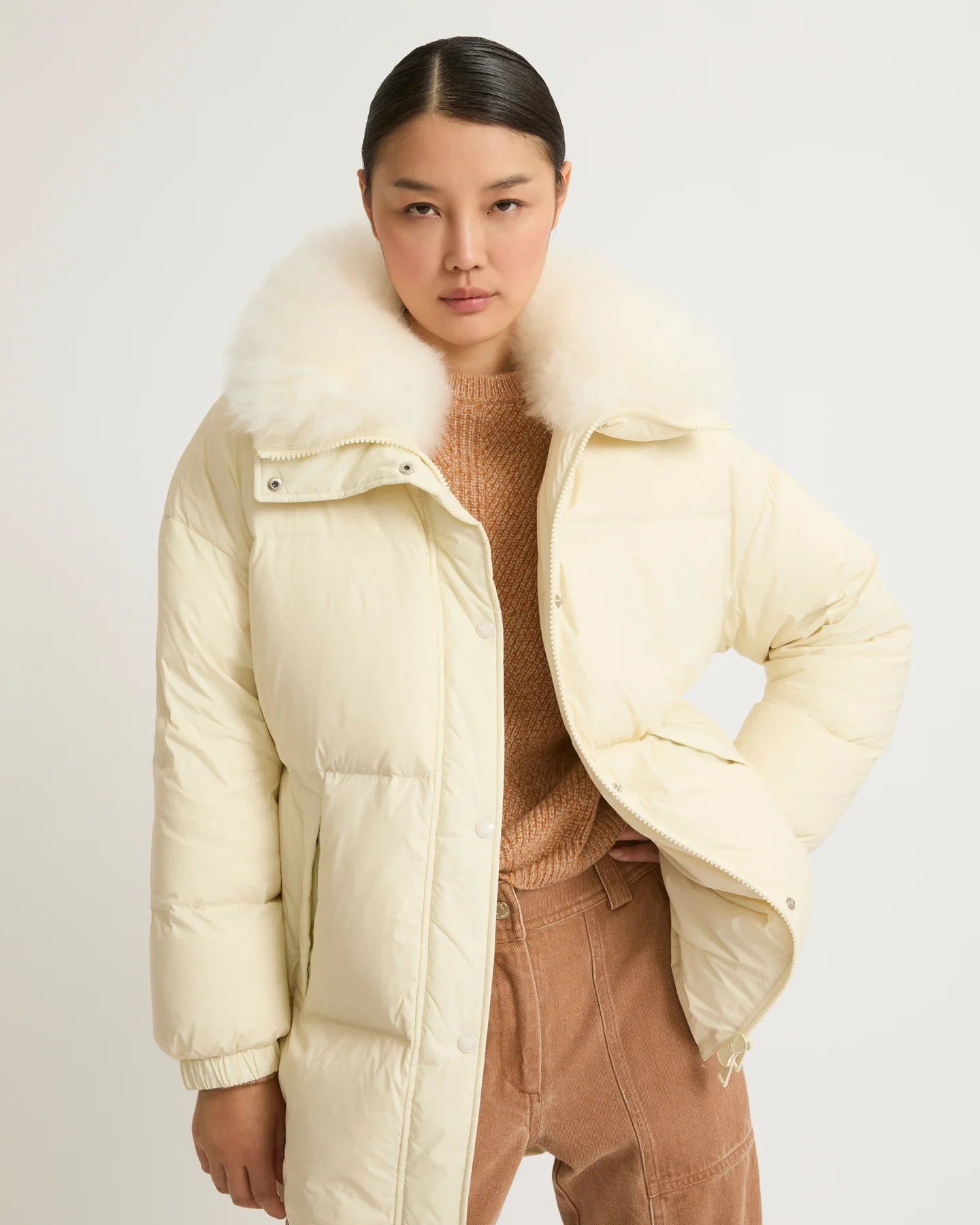 Stand collar down jacket with fluffy lambswool trim, meringue