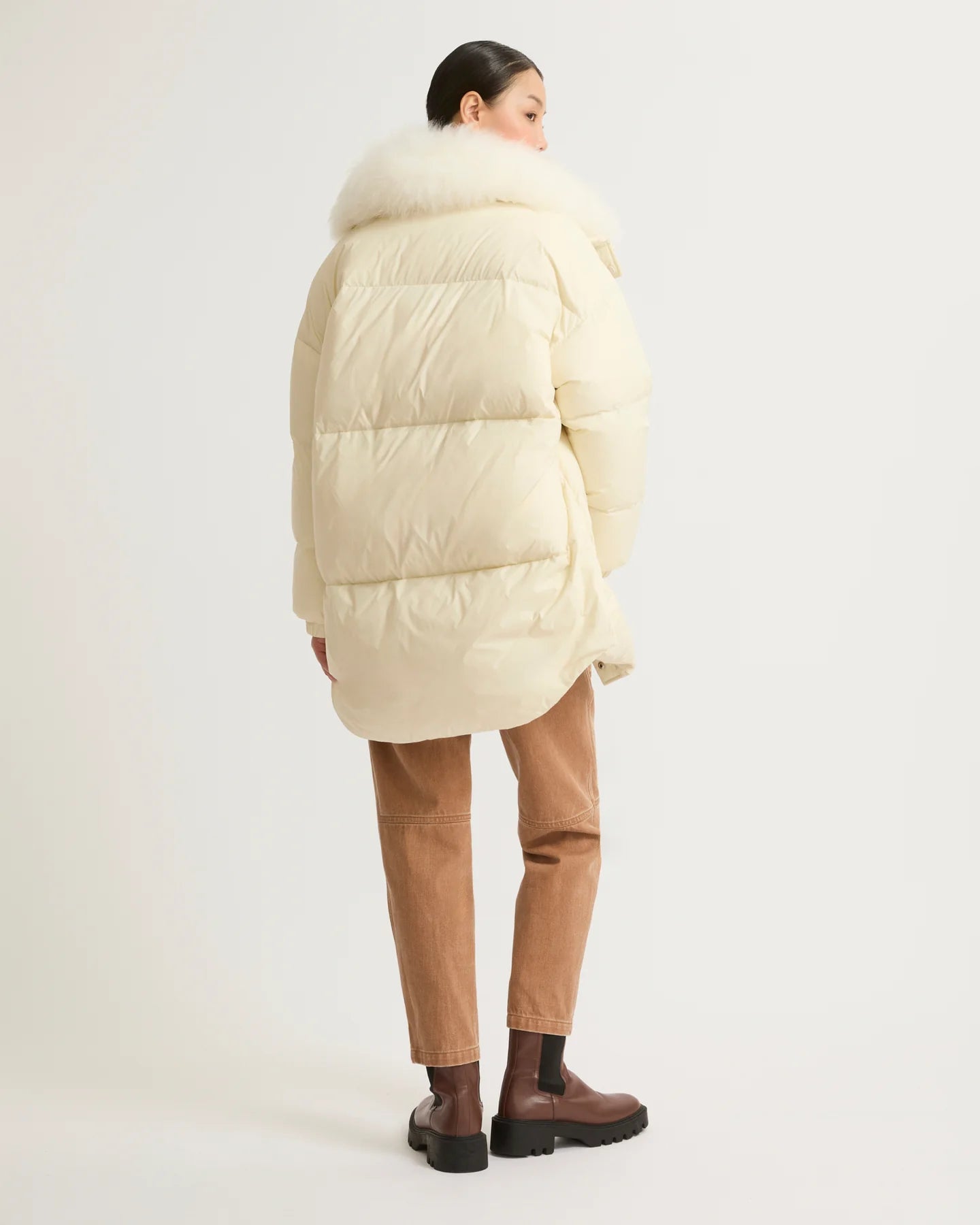 Stand collar down jacket with fluffy lambswool trim, meringue