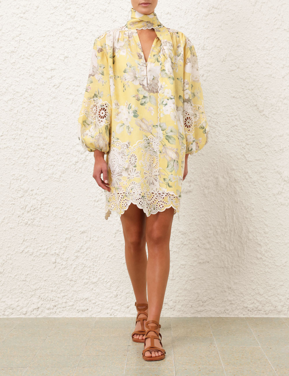 Acacia Broderie Tie Mini Dress, yellow floral