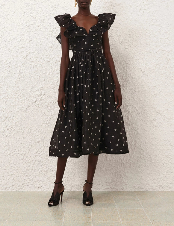 Crush Frilled  Midi Dress, Black hearts