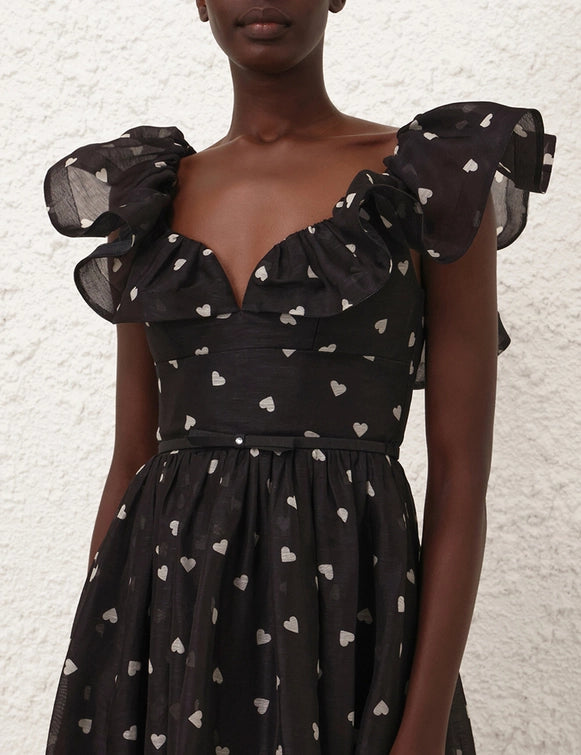 Crush Frilled  Midi Dress, Black hearts