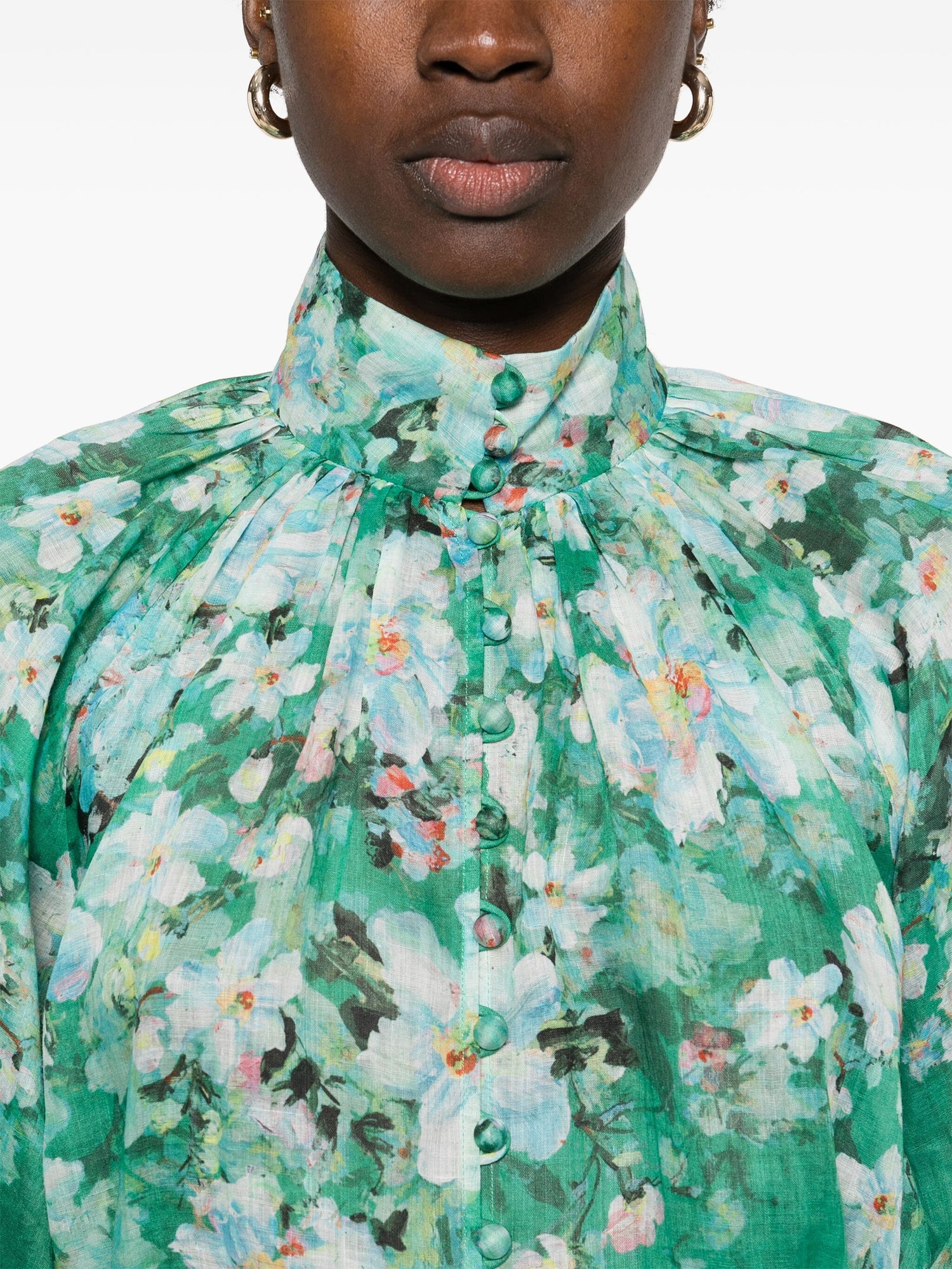 Everley Billow Blouse, Green Watercolour Floral