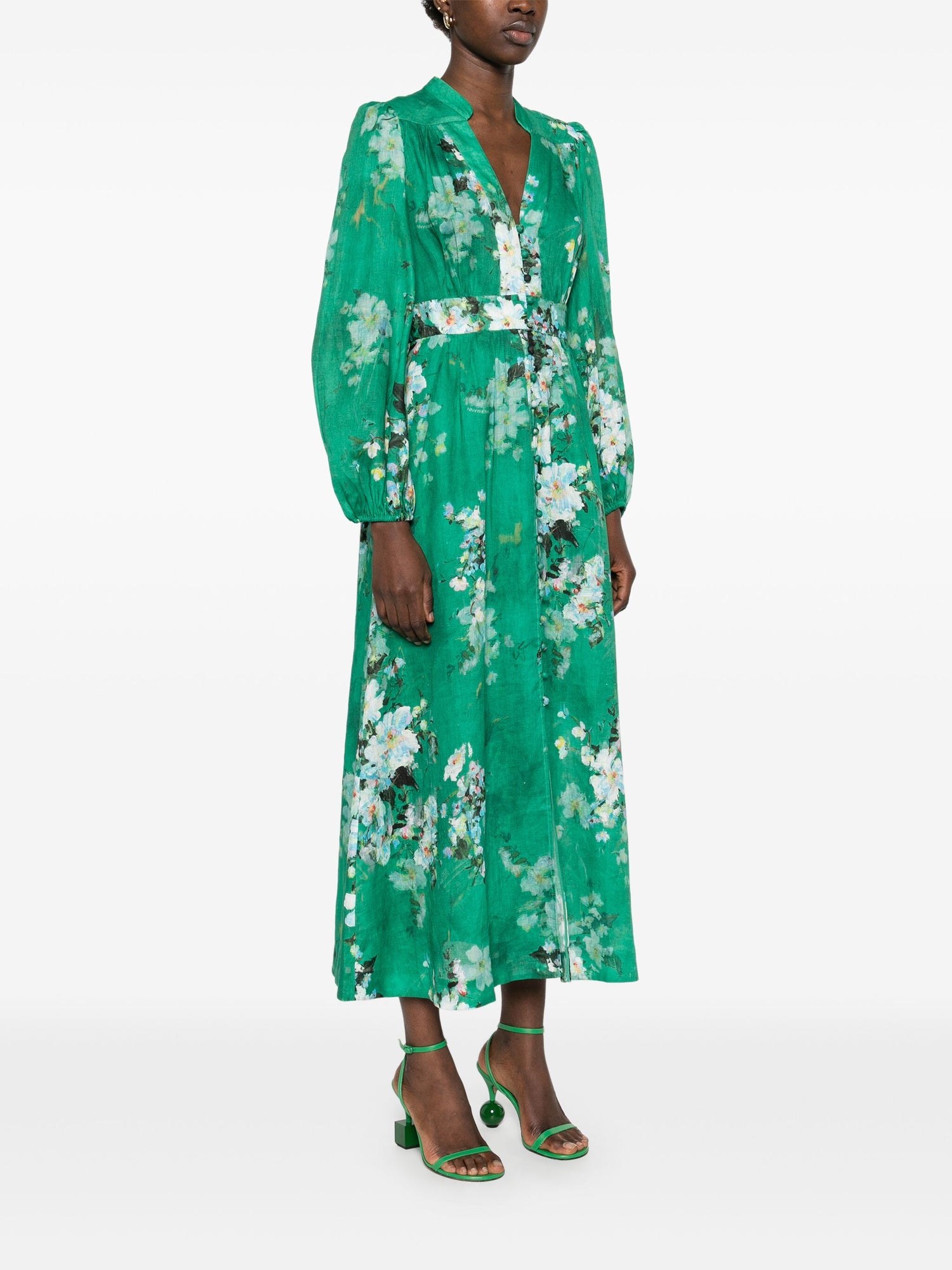 Everley Plunge Midi Dress, Green Watercolour Floral