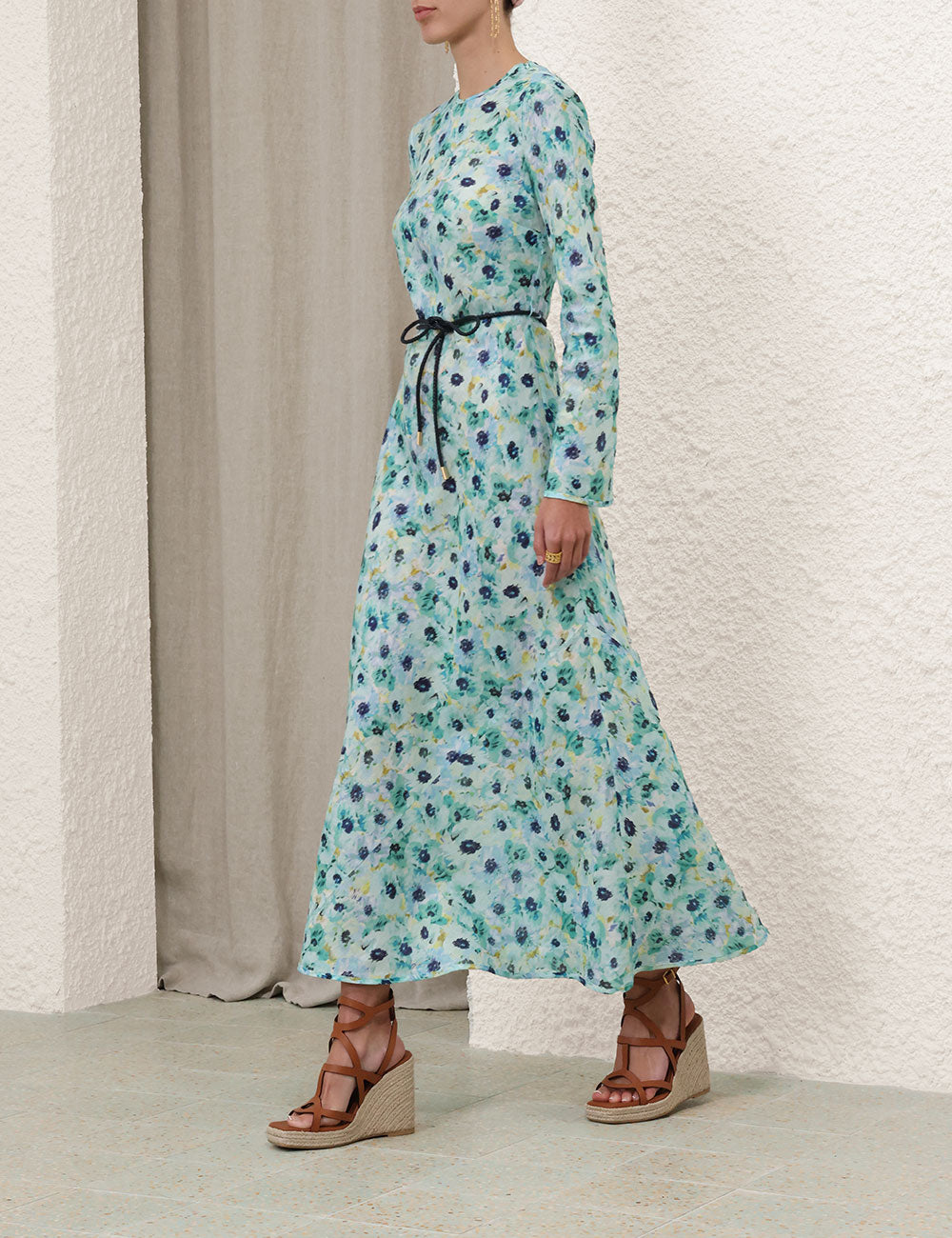 Lightburst Bias Long Dress, aqua floral