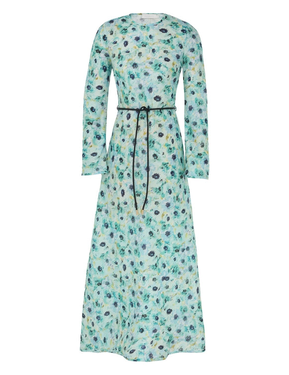 Lightburst Bias Long Dress, aqua floral