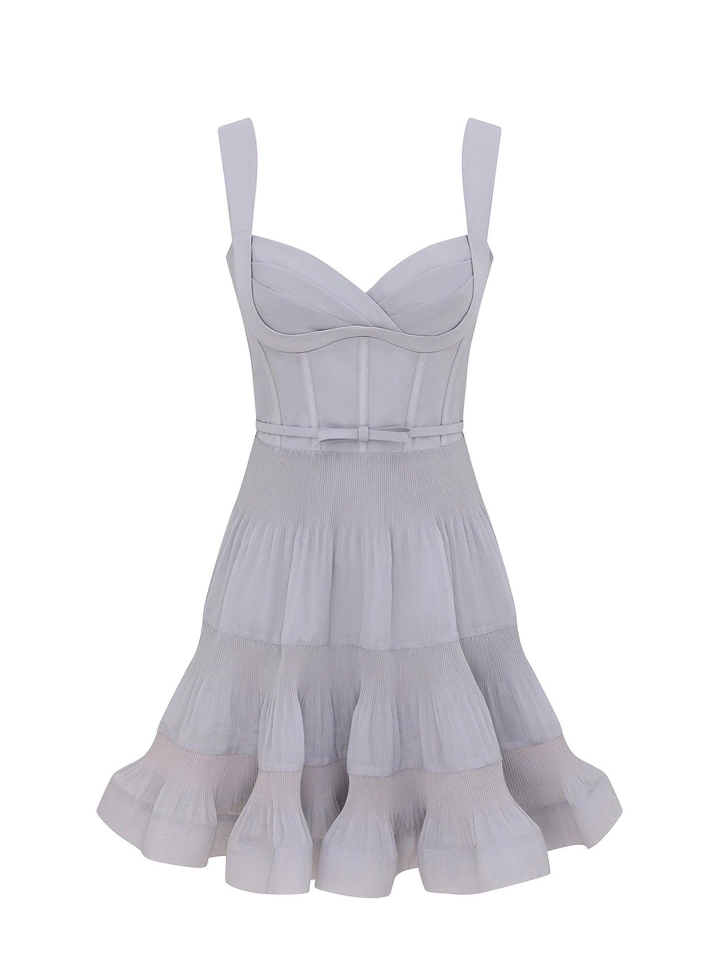 Light gray blue mini dress with thin straps, fitted bodice and flared hem.