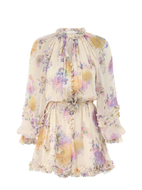 Floral mini playsui with pastel colors on a white background
