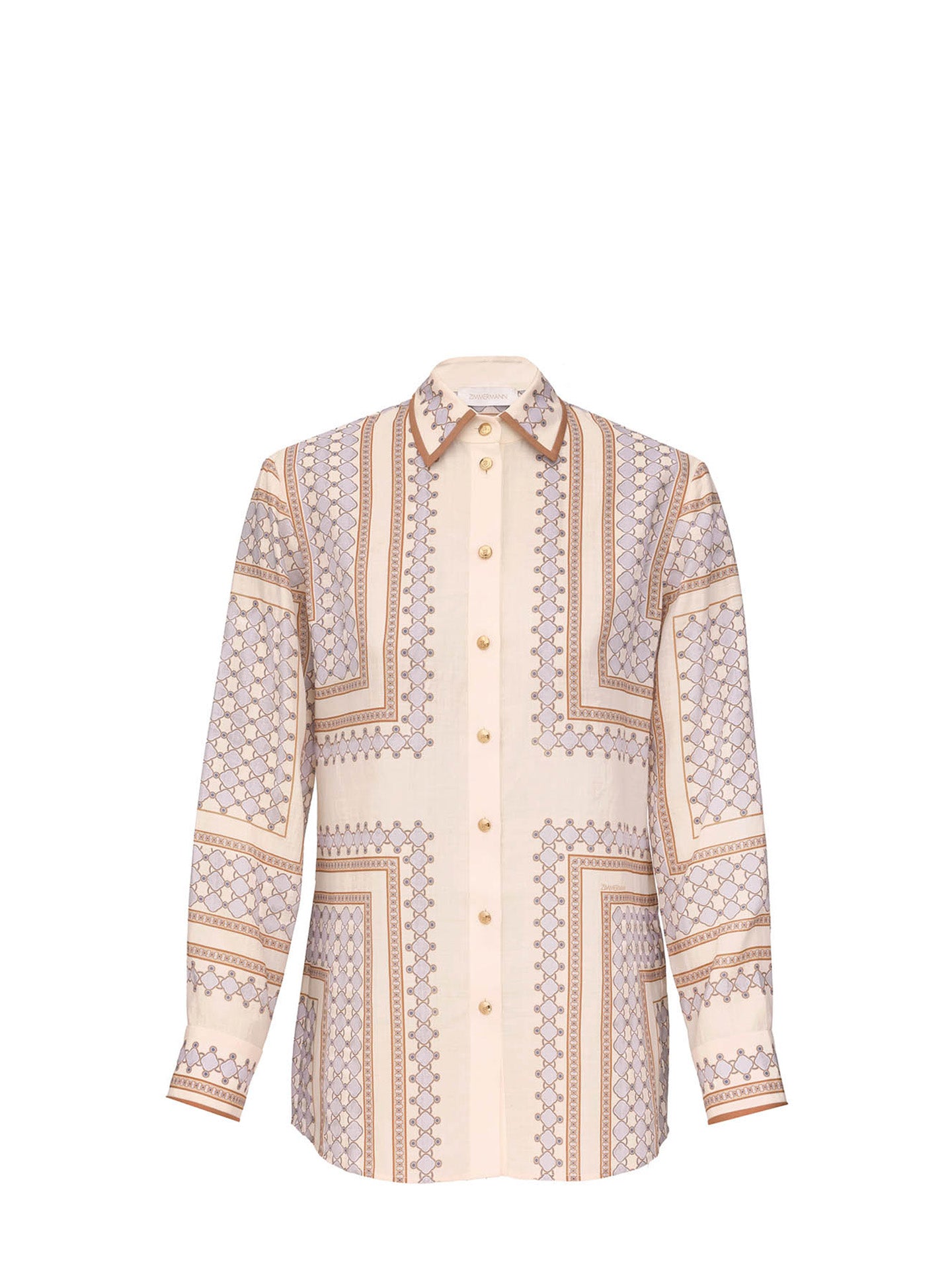 Fitted geometric print ramie shirt, cream-navy