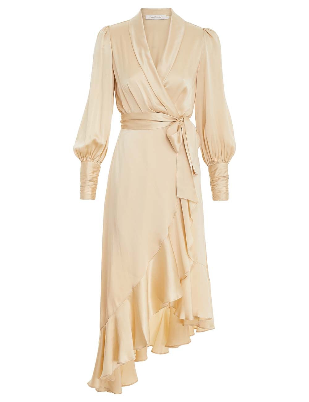 Signature silk wrap long-sleeve dress, cream