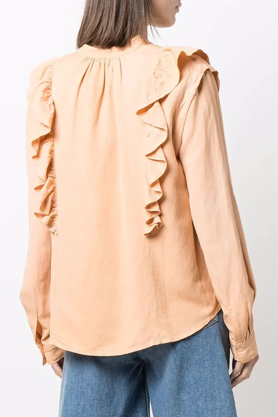 Ruffled-detail V-neck blouse, apricot