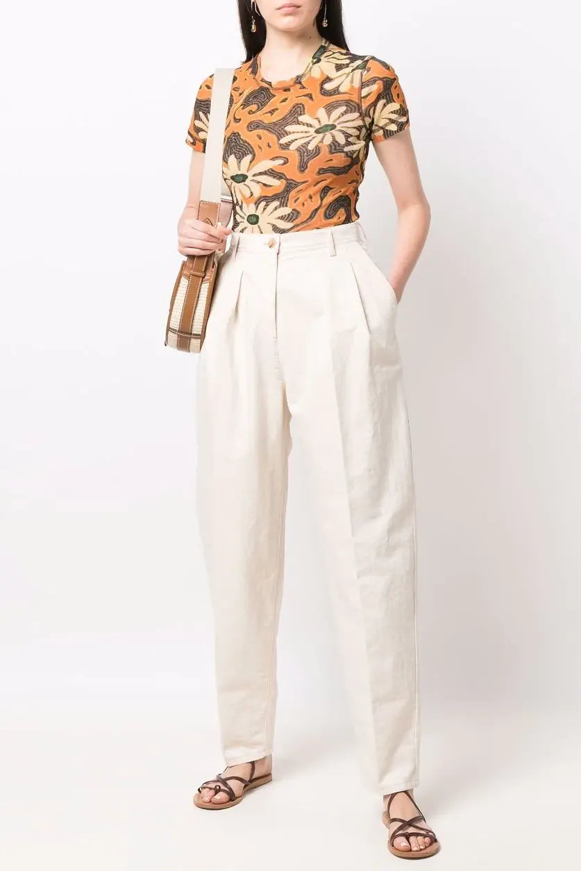 High-waisted pleat-front trousers, ecru