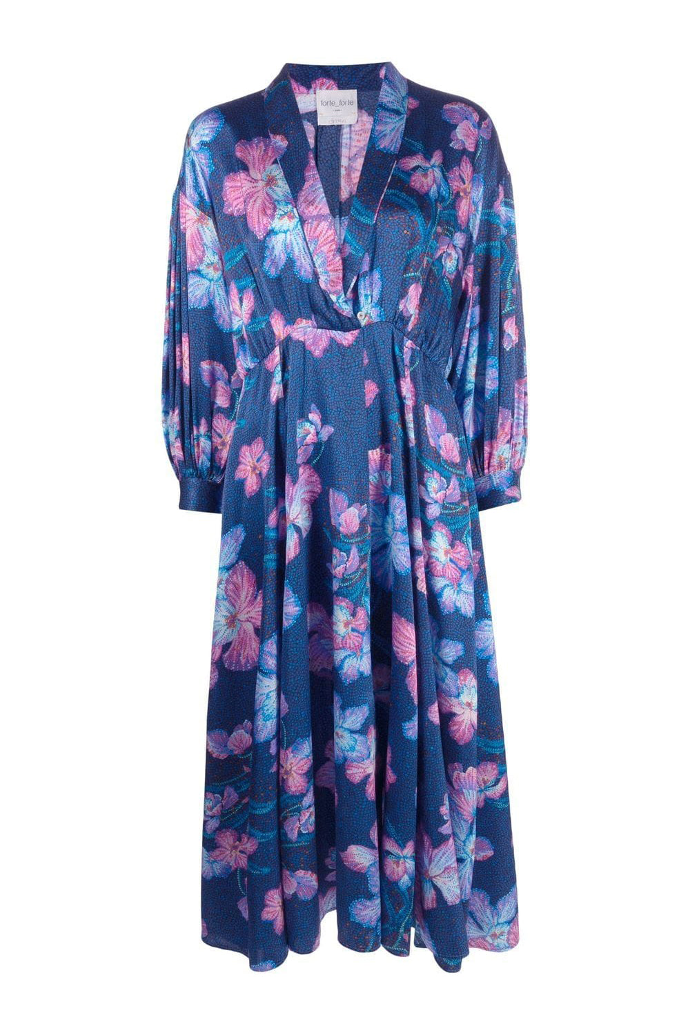 Floral-print silk midi dress, blue-pink
