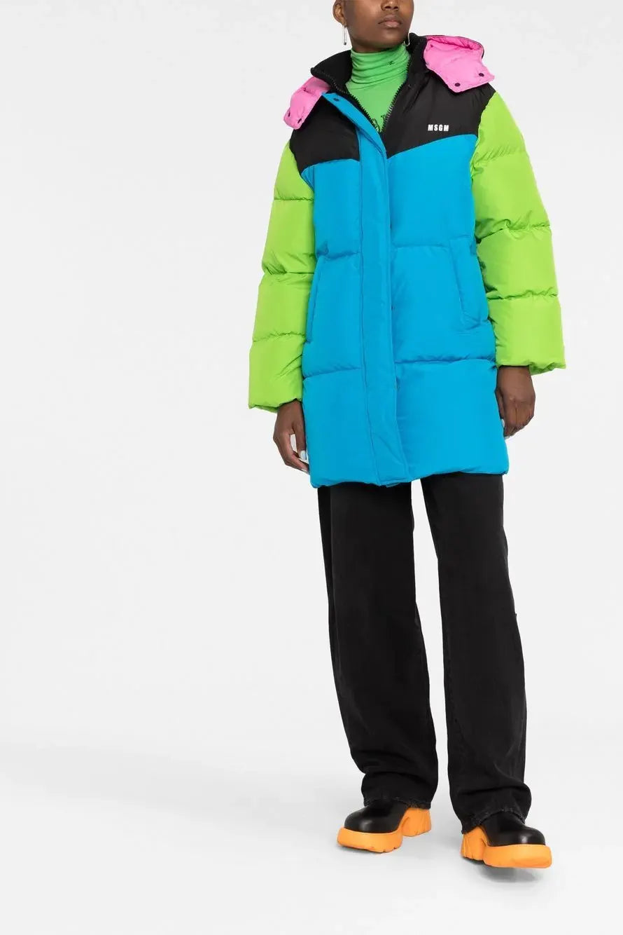 Colour-block hooded puffer coat, multi
