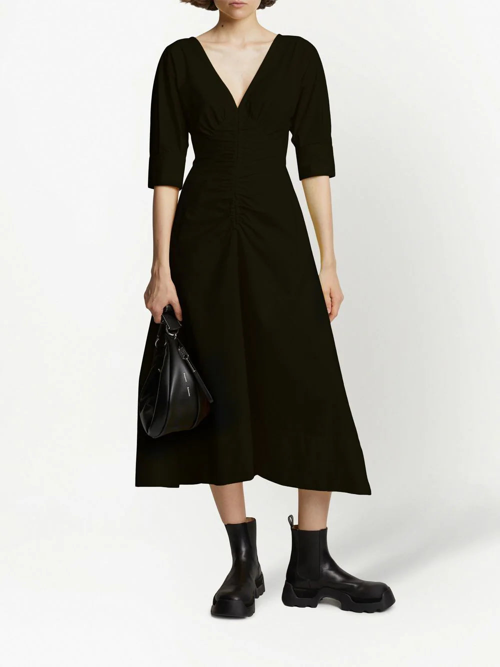 V-neck cotton midi-dress, black