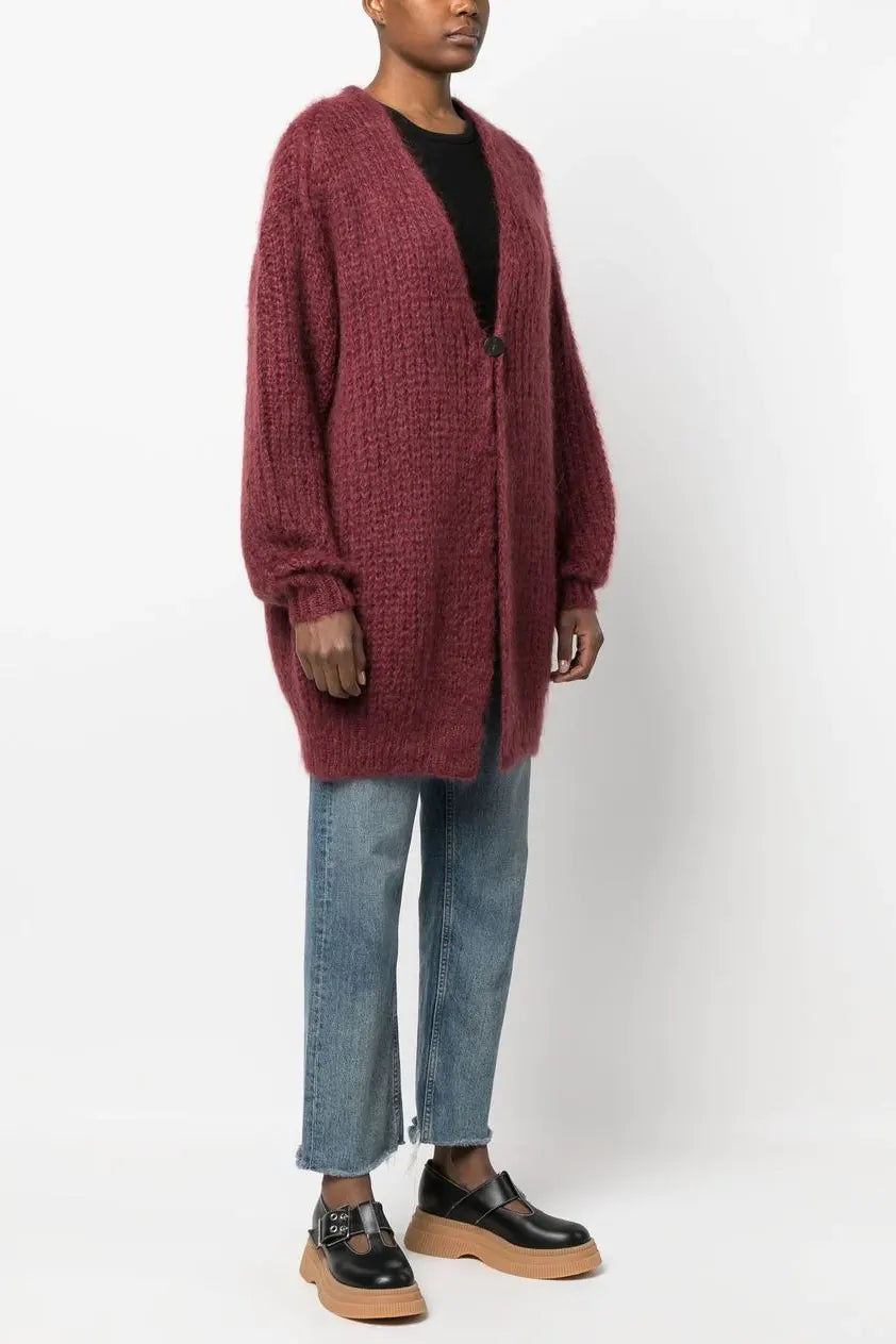 Open-knit long cardigan, burgundy