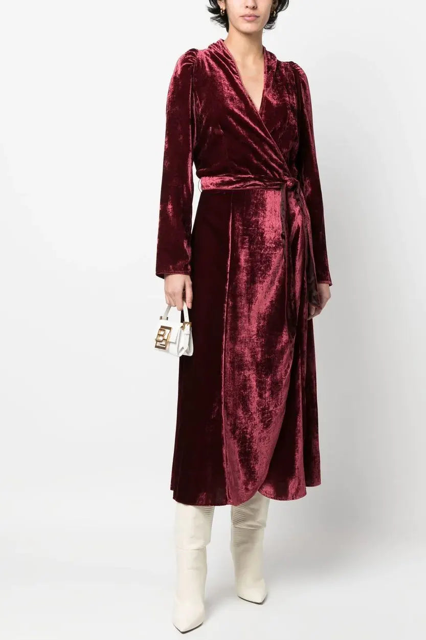 Tied-waist velvet wrap dress, burgundy