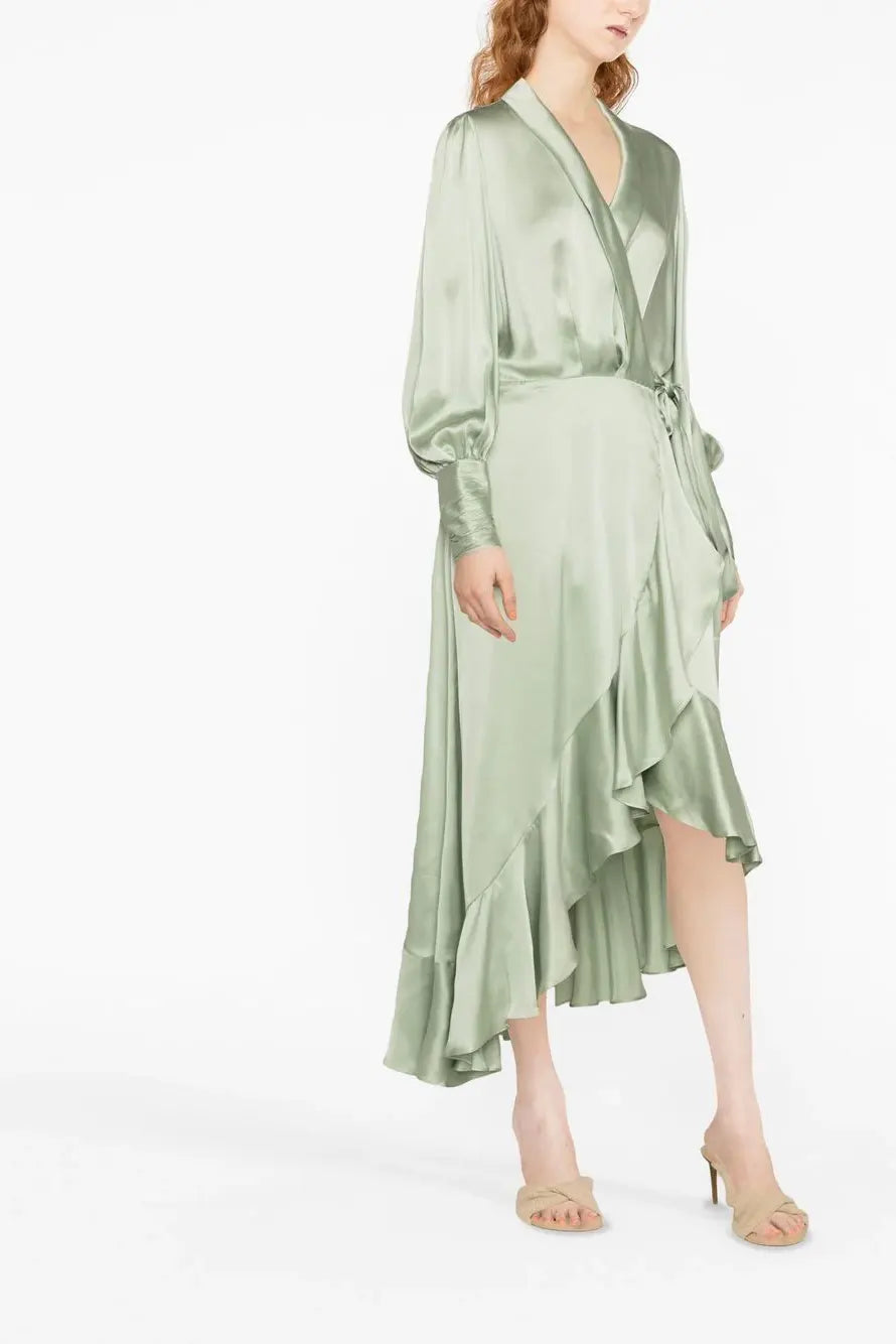 Signature silk wrap long-sleeve dress, light green