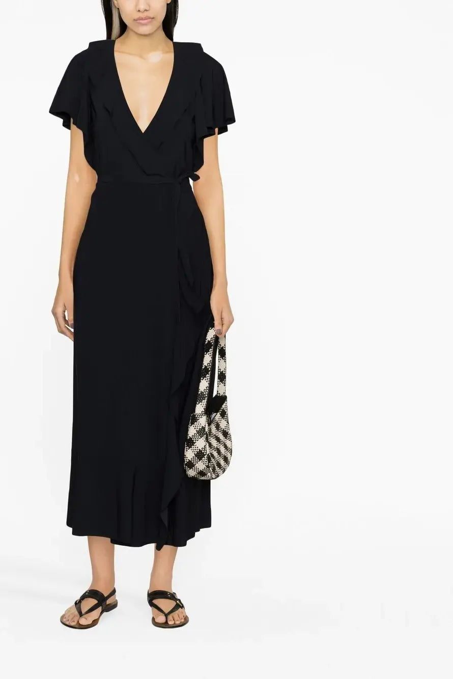 Flounce-sleeve wrap dress, black