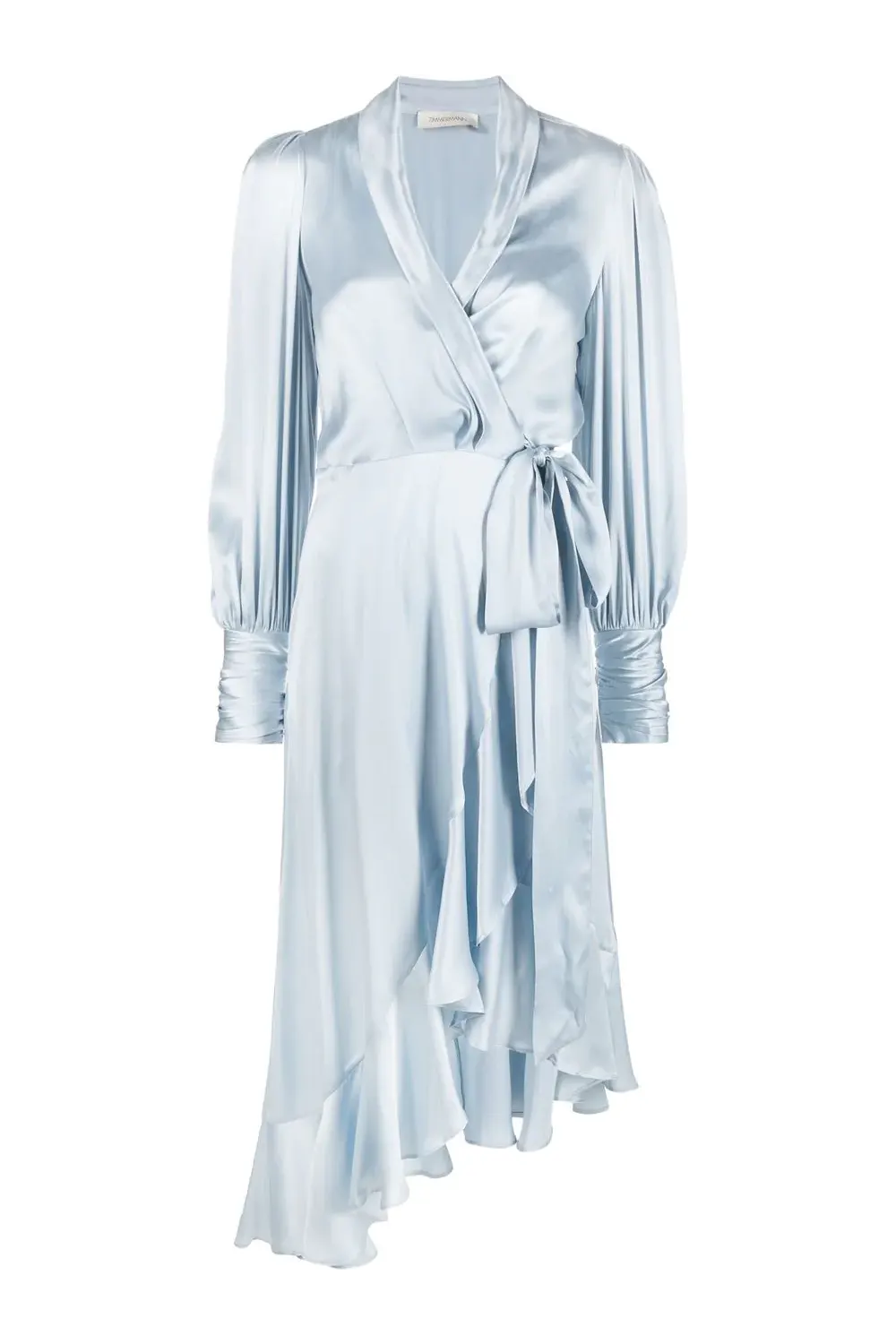 Signature silk wrap long-sleeve dress, ice blue