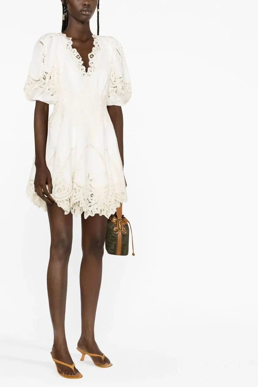 Lace-detailing balloon-sleeve dress