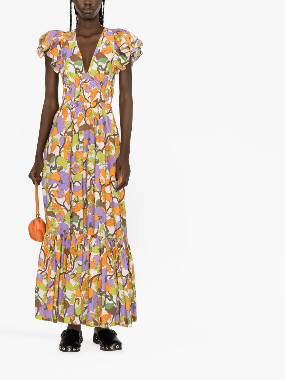 Abstract floral-print cotton midi dress