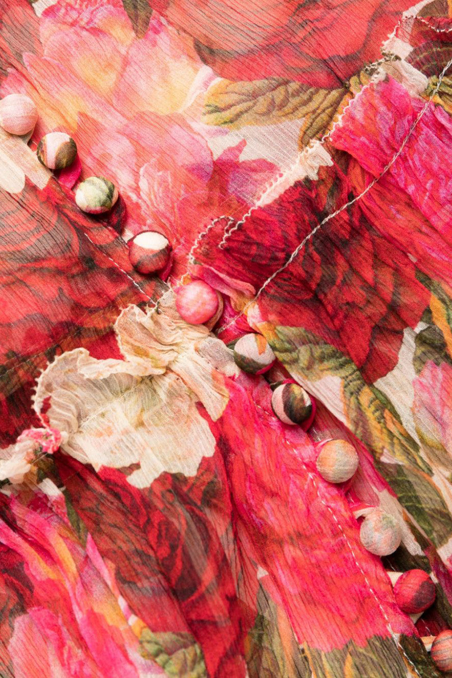 Floral-print flared silk mini dress, pink peonies