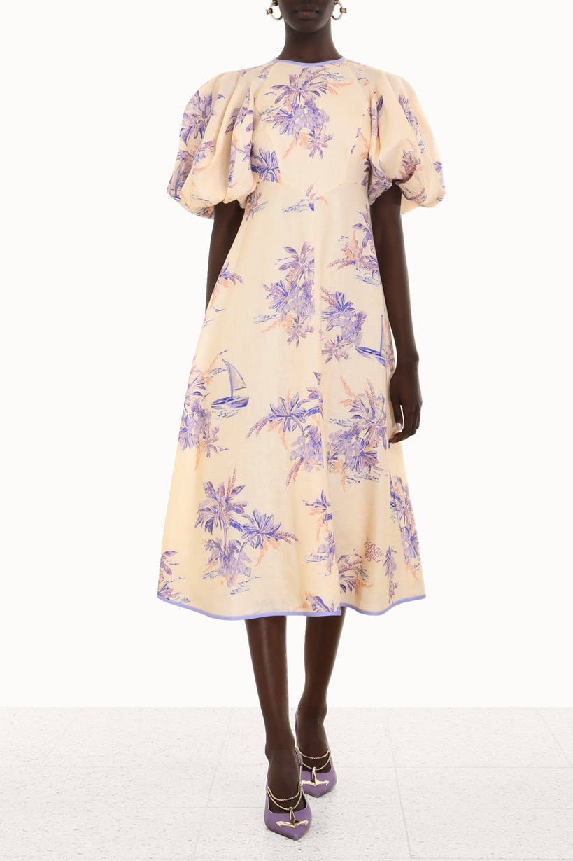 Floral-print puff-sleeve linen dress
