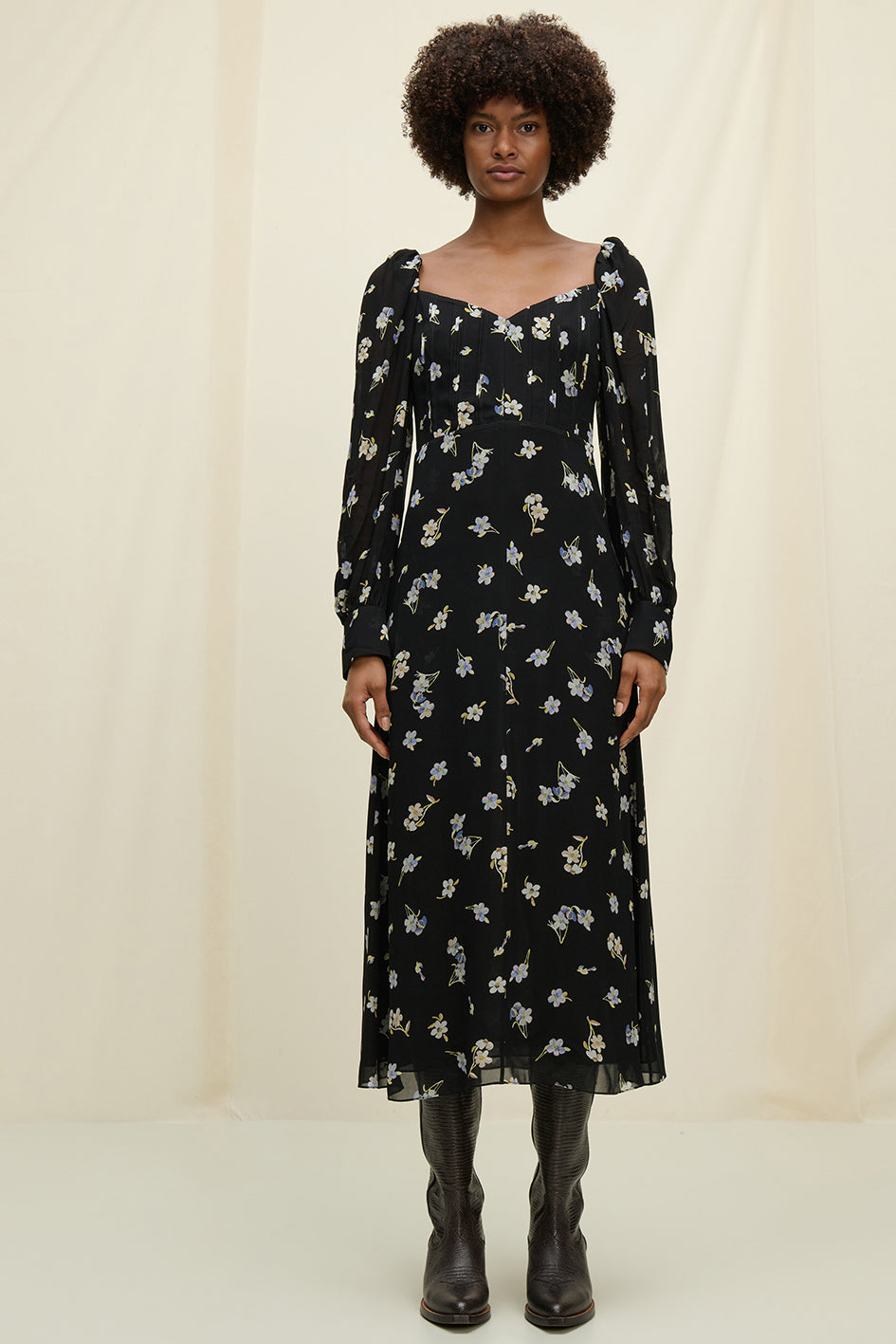 Floral-print balloon-sleeve dress, black mix
