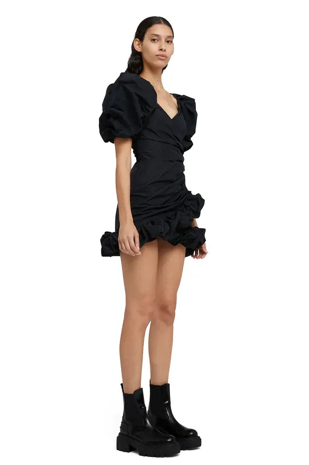 Puff-sleeved wrap dress, black