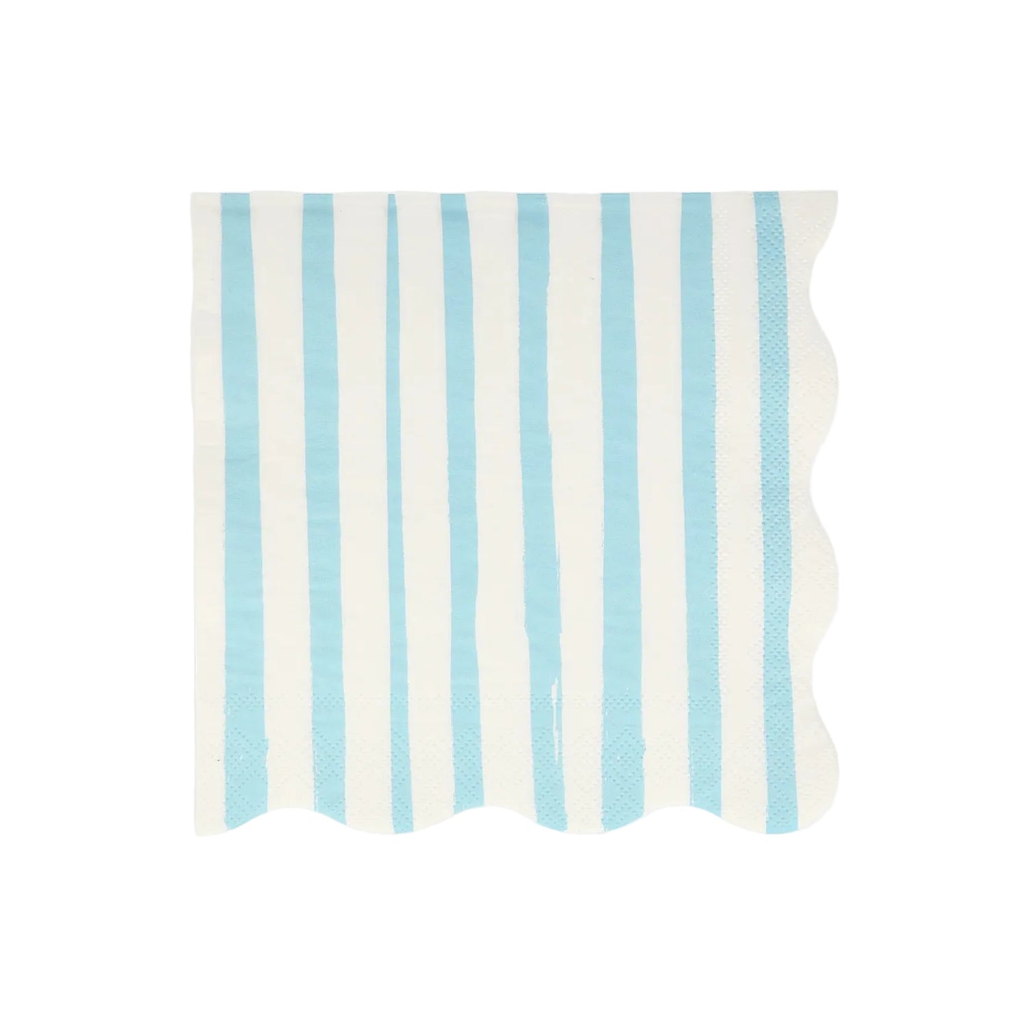A pack of large napkins with blue and white stripes and a scalloped border.