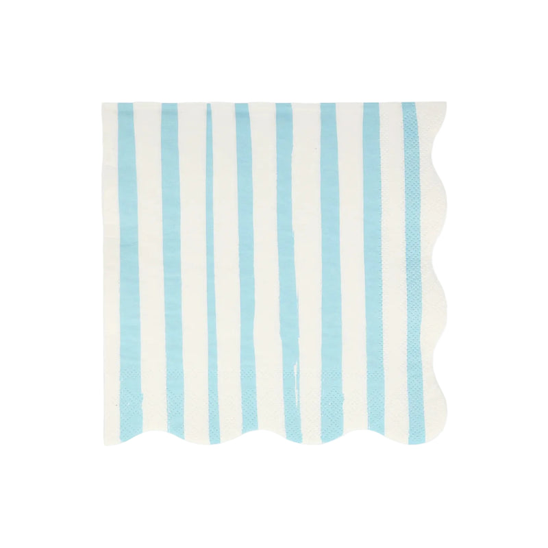 A pack of large napkins with blue and white stripes and a scalloped border.