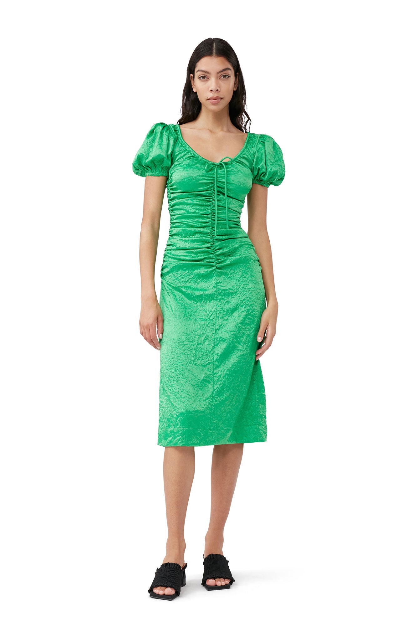 Green Crinkled Satin Midi Dress, green