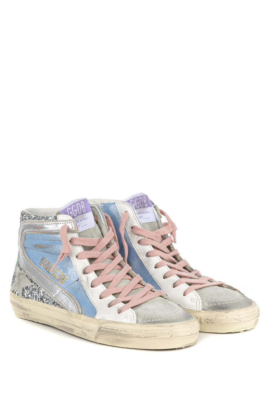 Slide High-Top Sneakers, silver glitter & light blue leather