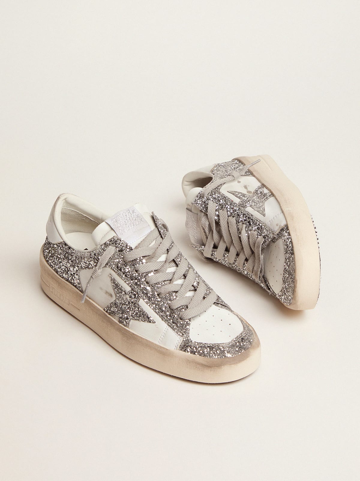 Stardan Sneakers, white leather & silver glitter